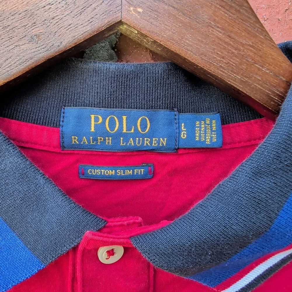 Polo Ralph Lauren Polo Shirt Mens Large Red Custom Slim Fit Long Sleeve Striped